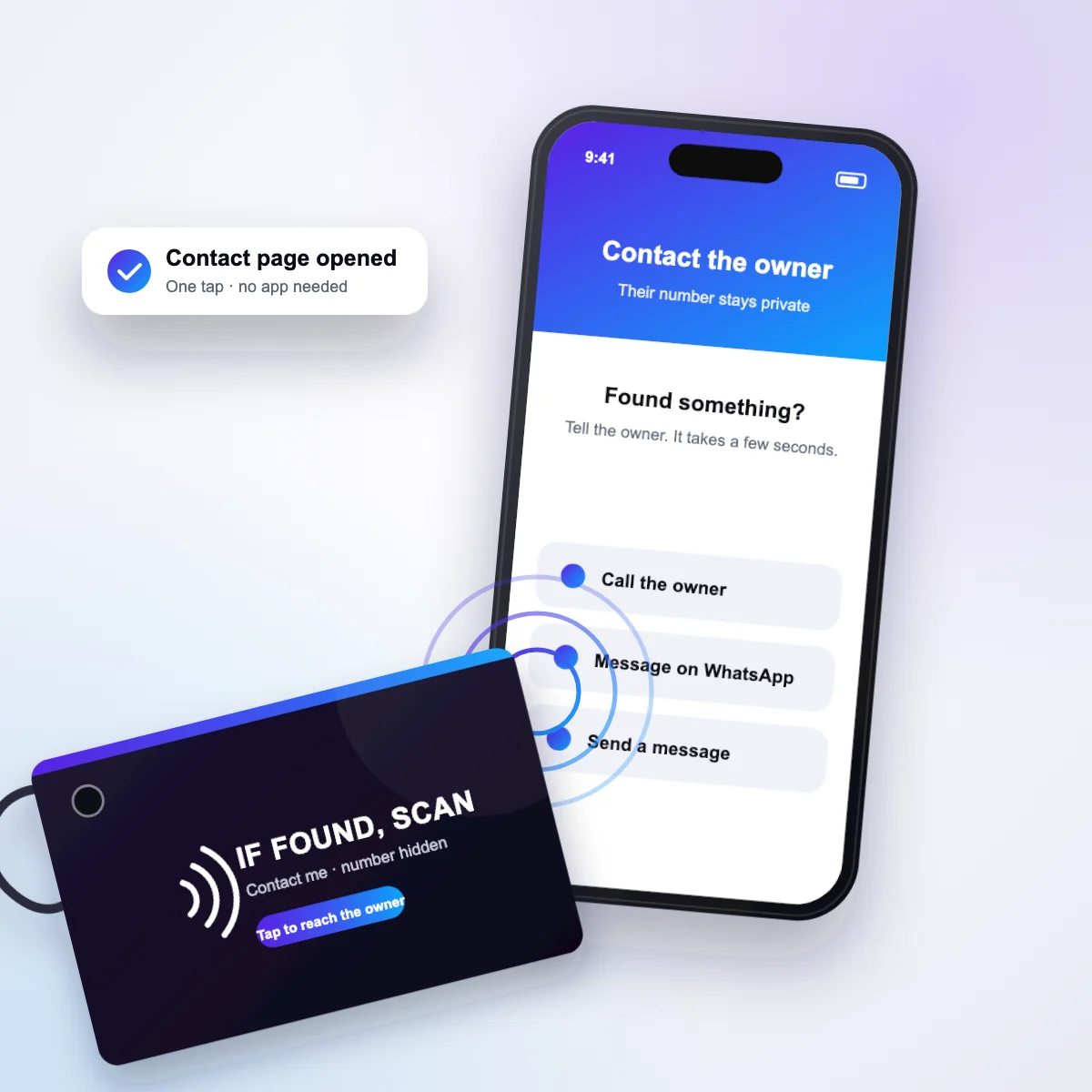 Tapping the airport luggage tag opens a contact page and the owner's number stays hidden
