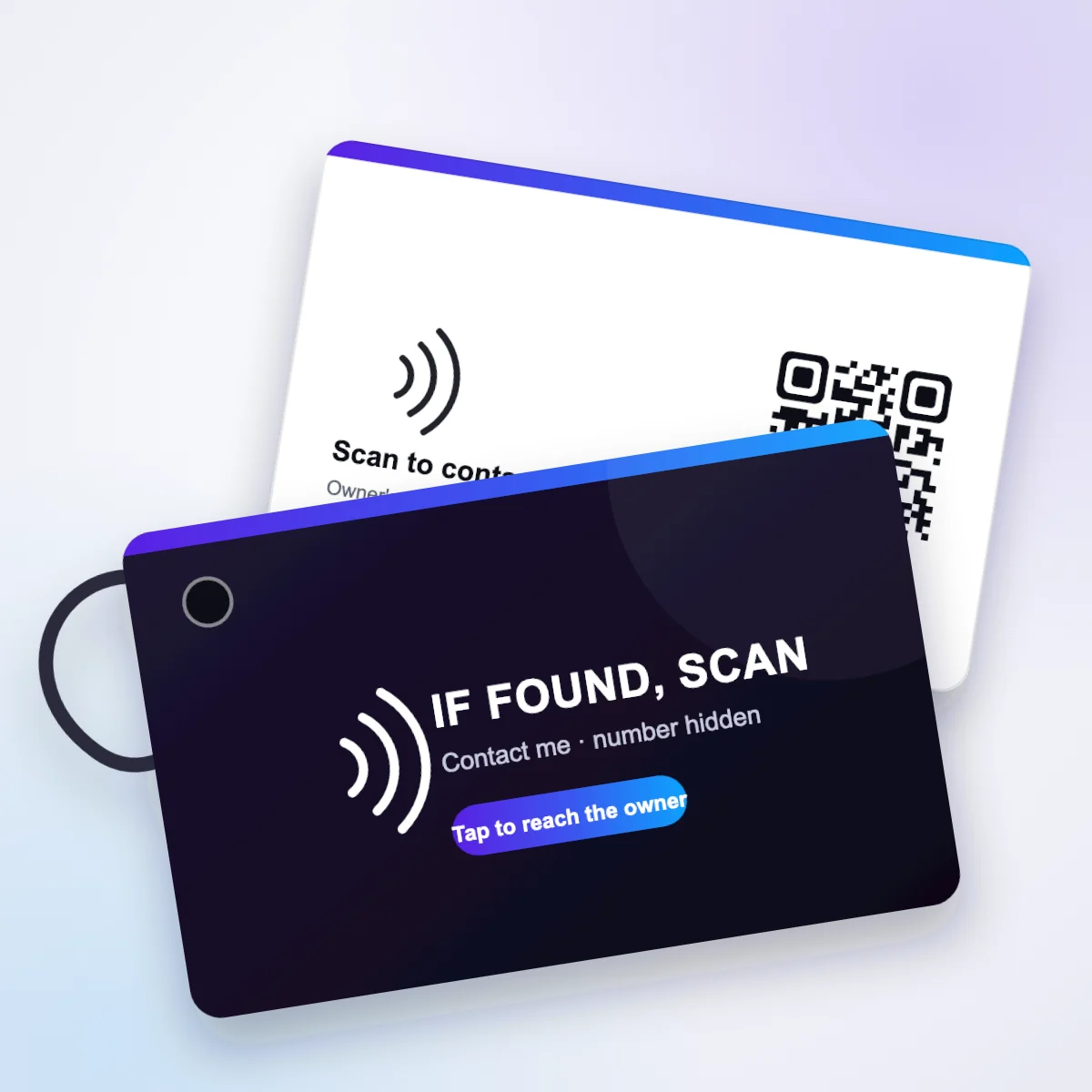 Airport luggage tag with hidden phone number, front and back