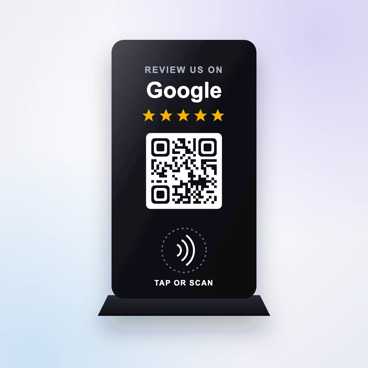 Table-top NFC Google review standee with QR code and tap zone