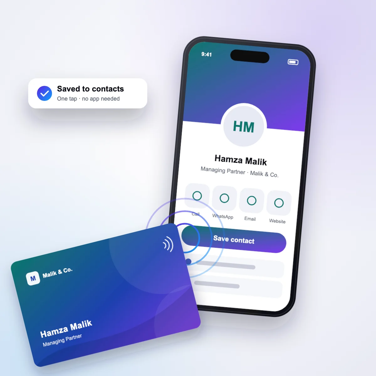 Tapping a PVC NFC card on a phone opens the digital profile