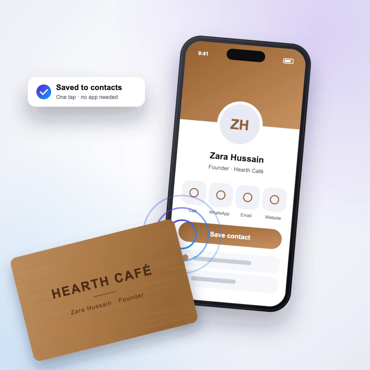 Tapping a wooden NFC card on a phone opens the digital profile