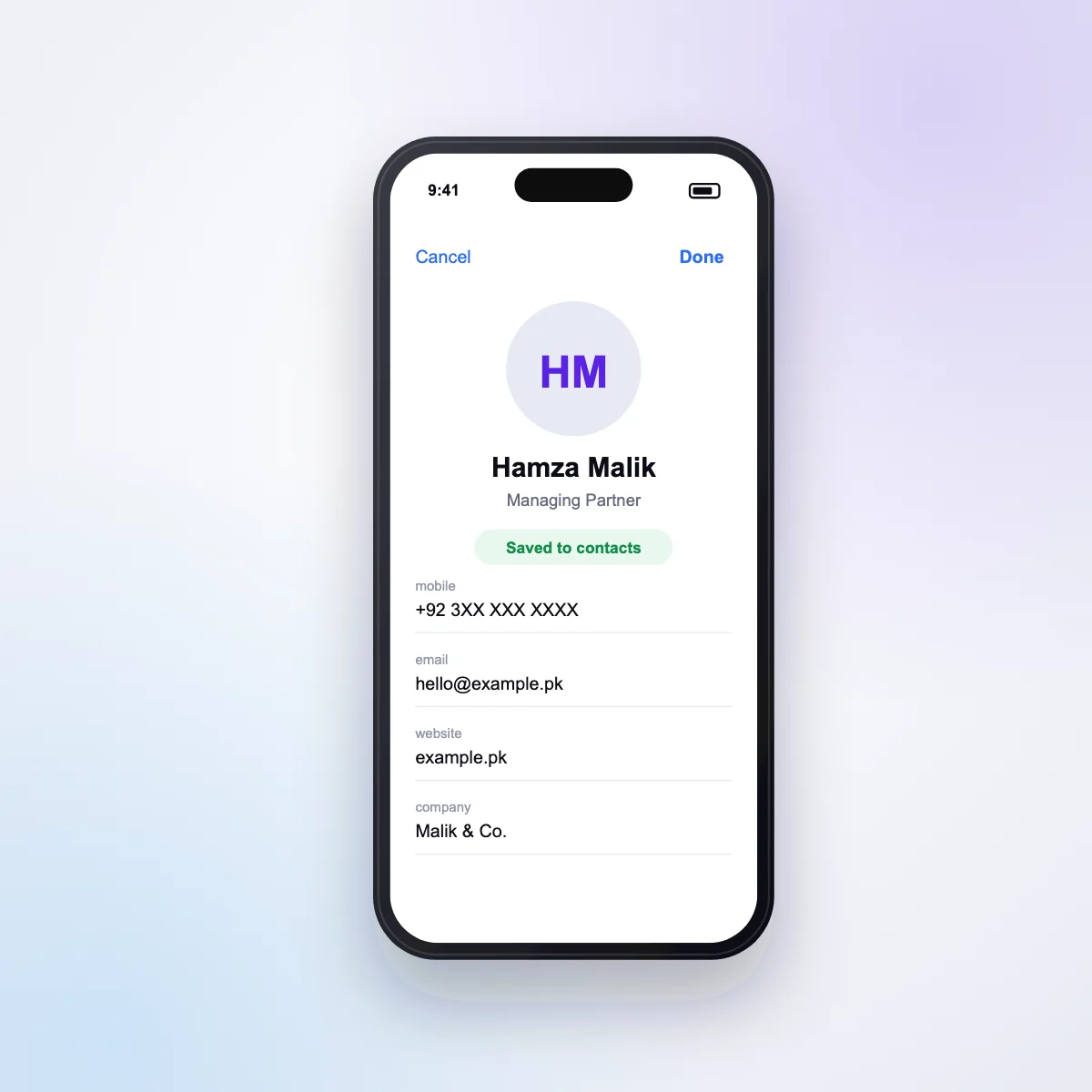 Contact saved on a phone